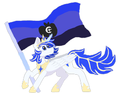 Size: 2048x1536 | Tagged: safe, artist:silverfishv9, oc, oc only, oc:azure star (silverfishv9), alicorn, alicorn oc, blue eyes, blue mane, clothes, crown, element of harmony, element of laughter, flag, glowing, glowing horn, highlights, horn, jewelry, magic, regalia, shoes, simple background, solo, telekinesis, transparent background, wings