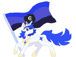 Size: 2048x1536 | Tagged: safe, artist:silverfishv9, oc, oc only, oc:azure star (silverfishv9), unicorn, blue eyes, blue mane, clothes, crown, element of harmony, element of laughter, flag, glowing, glowing horn, horn, jewelry, magic, regalia, shoes, simple background, solo, telekinesis, unicorn oc