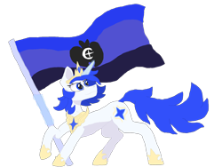 Size: 2048x1536 | Tagged: safe, artist:silverfishv9, oc, oc only, oc:azure star (silverfishv9), unicorn, blue eyes, blue mane, clothes, crown, element of harmony, element of laughter, flag, glowing, glowing horn, horn, jewelry, magic, regalia, shoes, simple background, solo, telekinesis, transparent background, unicorn oc