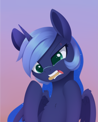 Size: 1693x2109 | Tagged: safe, artist:dusthiel, princess luna, alicorn, pony, g4, angry, atg 2024, biting, chest fluff, colored pupils, cross-popping veins, d:<, emanata, female, gradient background, half body, herbivore, horn, mare, newbie artist training grounds, partially open wings, peanut, solo, wings