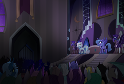 Size: 1750x1190 | Tagged: safe, artist:skyeypony, princess luna, oc, oc:snowdrop, alicorn, bat pony, pegasus, pony, bat pony oc, fanfic art, night guard, pegasus oc