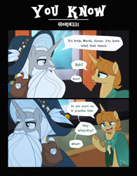 Size: 2560x3274 | Tagged: safe, artist:orin331, clover the clever, star swirl the bearded, classical unicorn, pony, unicorn, 2 panel comic, bag, bags under eyes, beard, cloven hooves, clover the clever's cloak, comic, dialogue, duo, duo male, facial hair, hat, horn, leonine tail, male, potion, raised hoof, saddle bag, speech bubble, unshorn fetlocks, wizard hat, wizard robe