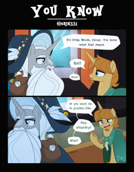 Size: 2560x3274 | Tagged: safe, artist:orin331, clover the clever, star swirl the bearded, classical unicorn, pony, unicorn, g4, 2 panel comic, bag, bags under eyes, beard, cloven hooves, clover the clever's cloak, comic, dialogue, duo, duo male, facial hair, hat, horn, leonine tail, male, potion, raised hoof, saddle bag, speech bubble, unshorn fetlocks, wizard hat, wizard robe