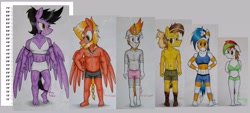 Size: 4000x1806 | Tagged: safe, artist:thecrimsonspark, oc, oc only, oc:aiexos, oc:alburke fallstorm, oc:desert sun, oc:ember sparks, oc:gemini stellarlight, oc:murky silentium, oc:tovii, bird, earth pony, pegasus, unicorn, anthro, plantigrade anthro, athletic, athletic anthro, athletic female, beard, belly button, blushing, body markings, body type, bra, clothes, coat markings, collarbone, ears up, eyes open, facial hair, feathered wings, female, gray eyes, green eyes, hands on waist, height difference, horn, jealous, kneesocks, lidded eyes, looking at someone, male, midriff, muscles, muscular anthro, muscular female, older female, older male, partially open wings, purple eyes, red eyes, simple background, size chart, size comparison, size difference, smaller female, smaller male, smiling, smirk, socks, stripes, tail, tattoo, traditional art, underwear, white background, white sclera, wings, yellow eyes, younger female