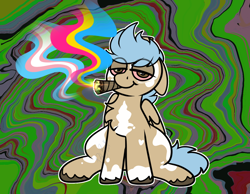 Size: 1348x1048 | Tagged: safe, alternate character, alternate version, artist:bluemoon, oc, oc only, oc:onyx, pegasus, pony, abstract background, blunt, chest fluff, coat markings, colored hooves, commission, drugs, floppy ears, high, hooves, lidded eyes, looking at you, male, male oc, marijuana, pansexual pride flag, pegasus oc, pride, pride flag, sitting, smoke weed everyday, smoking, spots, stallion, stallion oc, transgender pride flag, trippy, ych result