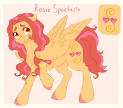 Size: 1700x1500 | Tagged: safe, artist:abbytabbys, oc, oc only, oc:rosie spectacle, pegasus, pony, blush lines, blushing, body freckles, border, colored eyebrows, colored hooves, curly mane, curly tail, eyelashes, eyeshadow, female, floppy ears, folded wings, freckles, hooves, large wings, looking up, makeup, mare, orange coat, orange eyeshadow, passepartout, pegasus oc, pink background, pink hooves, raised hoof, red eyes, red mane, red tail, red text, reference sheet, shy, shy smile, simple background, smiling, solo, standing, tail, text, two toned eyes, two toned mane, two toned tail, unshorn fetlocks, wing fluff, wings