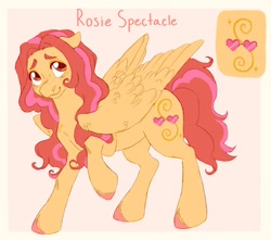 Size: 1700x1500 | Tagged: safe, artist:abbytabbys, oc, oc only, oc:rosie spectacle, pegasus, pony, blush lines, blushing, body freckles, border, colored eyebrows, colored hooves, curly mane, curly tail, eyelashes, eyeshadow, female, floppy ears, folded wings, freckles, hooves, large wings, looking up, makeup, mare, orange coat, orange eyeshadow, passepartout, pegasus oc, pink hooves, raised hoof, red eyes, red mane, red tail, red text, reference sheet, shy, shy smile, smiling, solo, standing, tail, text, two toned eyes, two toned mane, two toned tail, unshorn fetlocks, wing fluff, wings