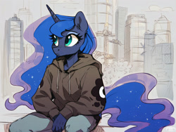 Size: 2048x1536 | Tagged: safe, ai assisted, ai content, artist:dovakkins, derpibooru exclusive, princess luna, alicorn, anthro, g4, city, clothes, cute, ear fluff, female, hoodie, looking at something, mare, pants, sad, sadorable, sitting, solo, tail, watermark, wavy mane, wavy tail, wingless, wingless alicorn