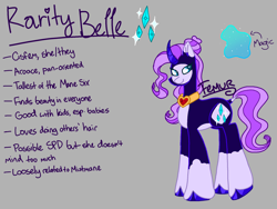 Size: 2048x1542 | Tagged: safe, artist:femurthechangeling, rarity, oc, oc:rarity belle, pony, unicorn, alternate universe, alternate universe rarity, aroace, bun hairstyle, curved horn, cutie mark, female, gray background, hooves, horn, implied mane six, implied mistmane, jewelry, looking at you, magic, necklace, pony oc, redesign, reference sheet, shiny hooves, signature, simple background, solo, tall, unicorn oc, unshorn fetlocks