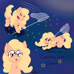 Size: 2000x2000 | Tagged: safe, artist:zeccy, earth pony, firefly (insect), insect, pony, atg 2024, butterfly net, front view, insect on nose, net, newbie artist training grounds, solo