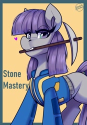 Size: 3000x4300 | Tagged: safe, artist:shadowreindeer, maud pie, earth pony, pony, g4, clothes, eye clipping through hair, fallout, female, heart, jumpsuit, looking at you, mare, mouth hold, pickaxe, smiling, solo, text, vault suit, when she smiles