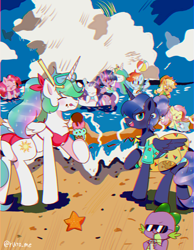 Size: 3180x4089 | Tagged: safe, artist:astralblues, artist:ruto_me, applejack, fluttershy, pinkie pie, princess celestia, princess luna, rainbow dash, rarity, spike, twilight sparkle, alicorn, dragon, earth pony, pegasus, pony, unicorn, g4, beach, clothes, cloud, digital art, drink, drinking, ethereal mane, ethereal tail, female, flowing mane, flowing tail, food, high res, horn, ice cream, male, mane seven, mane six, mare, ocean, sky, starry mane, summer, sunglasses, swimming, swimsuit, tail, twilight sparkle (alicorn), water, wholesome