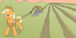 Size: 3337x1681 | Tagged: safe, artist:doodledonutart, applejack, pony, atg 2024, newbie artist training grounds, plow, pulling, solo, sunset, unamused, yoke