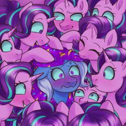 Size: 3000x3000 | Tagged: safe, artist:zigmeow, starlight glimmer, trixie, pony, unicorn, g4, blushing, clothes, cute, diatrixes, duo, duo female, female, glimmerbetes, hat, horn, lesbian, looking at someone, mare, multeity, self paradox, self ponidox, ship:startrix, shipping, starlight cluster, swirly eyes, trixie's hat