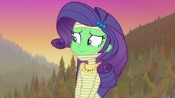 Size: 1280x720 | Tagged: safe, artist:tylerajohnson352, screencap, rarity, equestria girls, g4, bandage, female, green skin, hairpin, halloween, holiday, jewelry, monster, mummy, necklace, solo, transformation