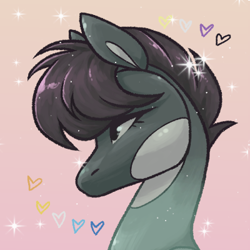 Size: 400x400 | Tagged: safe, artist:frostedsoul, derpibooru exclusive, oc, oc only, oc:california kill, earth pony, pony, aroace pride flag, icon, no mouth, nonbinary pride flag, pride, pride flag, profile, solo