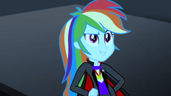 Size: 1280x720 | Tagged: safe, artist:tylerajohnson352, edit, edited screencap, screencap, rainbow dash, vampire, equestria girls, g4, bowtie, cape, clothes, cute, dashabetes, fangs, female, halloween, holiday, jewelry, medallion, monster, necklace, pants, sharp teeth, solo, suit, teeth, transformation, vest
