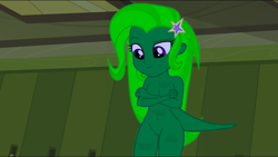 Size: 1023x578 | Tagged: safe, artist:tylerajohnson352, derpibooru exclusive, edit, edited screencap, screencap, trixie, chameleon, dinosaur, gecko, reptile, equestria girls, g4, dinosaurified, female, green skin, hairpin, halloween, holiday, lizard creature, monster, scales, solo, species swap, tail, transformation