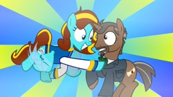 Size: 1280x720 | Tagged: safe, oc, oc only, oc:ilovekimpossiblealot, oc:professor lancie, pegasus, pony, unicorn, 2014, brony history, clothes, duo, duo male and female, female, horn, it came from youtube, john de lancie, let's go and meet john de lancie, male, nostalgia, pegasus oc, raised hoof, show accurate, smiling, stallion, tail, two toned mane, two toned tail, unicorn oc, youtube link, youtube thumbnail