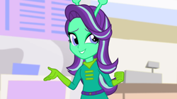 Size: 1280x720 | Tagged: safe, artist:tylerajohnson352, edit, edited screencap, screencap, starlight glimmer, alien, equestria girls, g4, alien costume, antenna, belt, clothes, cute, female, glimmerbetes, gloves, green skin, halloween, holiday, monster, solo, spacesuit, suit, transformation