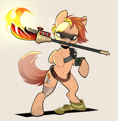 Size: 2226x2268 | Tagged: safe, artist:rexyseven, oc, oc only, oc:rusty gears, earth pony, pony, fallout equestria, bandage, belt, bipedal, female, fire, mare, mouth hold, pipbuck, raider, sock, solo, spear, weapon