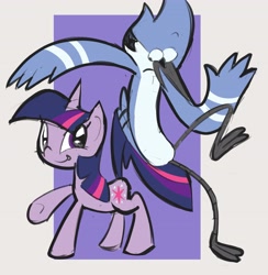 Size: 3998x4096 | Tagged: safe, artist:rufflefeathrs, twilight sparkle, bird, blue jay, pony, unicorn, crossover, crossover shipping, female, male, mordecai, mordetwi, regular show, shipping, smiling, straight, unicorn twilight