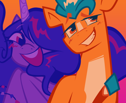 Size: 2750x2250 | Tagged: safe, artist:rufflefeathrs, hitch trailblazer, izzy moonbow, earth pony, pony, unicorn, g5, female, grin, horn, looking at someone, looking sideways, male, open mouth, open smile, orange background, purple coat, ship:moontrail, shipping, simple background, smiling, straight, teeth