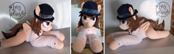 Size: 2413x757 | Tagged: safe, artist:lnzz, pegasus, pony, g4.5, g5, my little pony: pony life, spoiler:comic, spoiler:g5, a clockwork orange, commission, folded wings, hat, indoors, irl, lying down, multiple views, persona, photo, plushie, plushification, prone, solo, wings