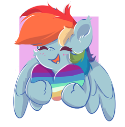 Size: 477x484 | Tagged: safe, artist:skylinepony_, rainbow dash, pegasus, pony, g4, blush lines, blushing, cheek fluff, colored pinnae, commission, ear fluff, ear tufts, eyes closed, female, fluffy, heart, lgbt, lgbtq, open mouth, open smile, passepartout, pride, simple background, smiling, solo, spread wings, unshorn fetlocks, white background, wing fluff, wings, your character here