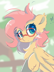 Size: 652x873 | Tagged: safe, artist:skylinepony_, fluttershy, pegasus, pony, g4, blue eyelashes, blue pupils, blush lines, blushing, chest fluff, colored eyelashes, colored pupils, cute, ear fluff, ear tufts, exclamation point, eyelashes, female, fluffy, glasses, hoof hold, interrobang, looking at you, meganekko, question mark, shyabetes, solo, tree, wing fluff, wings