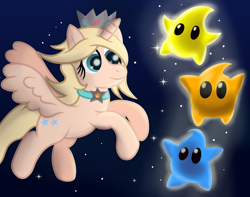 Size: 3500x2763 | Tagged: safe, artist:sweetielover, alicorn, luma, pony, atg 2024, chubby, crown, eyelashes, female, flying, glowing, high res, jewelry, looking at someone, necklace, newbie artist training grounds, ponified, regalia, rosalina, shiny eyes, sky, smiling, space, space background, spread wings, stars, super mario bros., wings