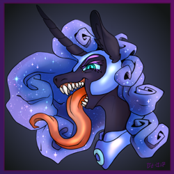 Size: 1080x1080 | Tagged: safe, artist:danton-y17, nightmare moon, alicorn, g4, armor, bust, ethereal mane, fangs, grin, lacrimal caruncle, long tongue, looking at you, sharp teeth, slit pupils, smiling, solo, teeth, tongue out