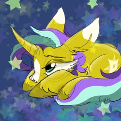 Size: 2048x2048 | Tagged: safe, artist:cupute, oc, oc only, oc:star mane, blue background, green eyes, looking up, lying down, purple mane, sad, simple background, solo, starry background, stars, yellow coat