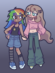 Size: 2160x2900 | Tagged: safe, artist:chaos4cringe, fluttershy, rainbow dash, human, g4, :3, alternate hairstyle, belly button, blushing, clothes, converse, dark skin, denim, duo, duo female, female, freckles, gradient background, holding hands, humanized, jeans, lesbian, looking at each other, looking at someone, midriff, mismatched socks, natural hair color, pants, ship:flutterdash, shipping, shoes, shorts, size difference, sneakers, socks, stockings, striped socks, sweater, sweatershy, tank top, thigh highs