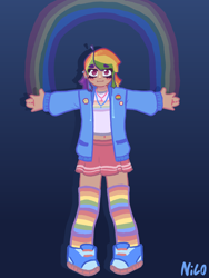 Size: 2160x2880 | Tagged: safe, artist:chaos4cringe, rainbow dash, human, clothes, ear piercing, earring, female, hoodie, humanized, jewelry, midriff, necklace, piercing, rainbow, rainbow socks, shirt, shoes, skirt, sneakers, socks, solo, striped socks
