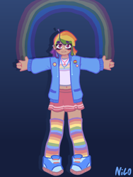 Size: 2160x2880 | Tagged: safe, artist:chaos4cringe, rainbow dash, human, g4, clothes, ear piercing, earring, female, gradient background, hoodie, humanized, jewelry, midriff, necklace, piercing, rainbow, rainbow socks, shirt, shoes, skirt, sneakers, socks, solo, striped socks