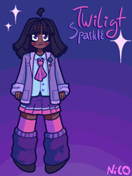 Size: 2160x2880 | Tagged: safe, artist:chaos4cringe, twilight sparkle, human, g4, alternate hairstyle, badge, blushing, clothes, coat, dark skin, dreadlocks, female, freckles, gradient background, humanized, leg warmers, name, shirt, shoes, skirt, socks, solo, stockings, thigh highs