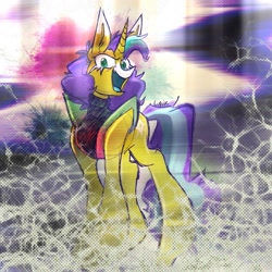 Size: 1893x1894 | Tagged: safe, artist:cupute, oc, oc:star mane, g4, 80's fashion, abstract background, bright, clothes, colorful, cool, dimensional cracks, evil smile, funky background, gala, looking at you, met gala, paint splatter, smiling, sparkles, standing, texture, thunder, turtleneck, twt gala