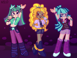 Size: 2880x2160 | Tagged: safe, artist:chaos4cringe, adagio dazzle, aria blaze, sonata dusk, human, g4, belly button, belt, boots, clothes, dark skin, denim, female, gem, gloves, gradient background, high heel boots, humanized, jeans, leggings, microphone, midriff, open mouth, pants, shirt, shoes, singing, siren gem, skirt, socks, spiked wristband, the dazzlings, trio, trio female, wristband