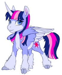 Size: 1321x1578 | Tagged: safe, artist:caffeinatedcarny, derpibooru exclusive, twilight sparkle, alicorn, pony, g4, alternate cutie mark, bald face, blaze (coat marking), cloven hooves, coat markings, ear markings, facial markings, gift art, horn, leonine tail, redesign, simple background, socks (coat markings), solo, tail, transparent background, twilight sparkle (alicorn), unshorn fetlocks, wings