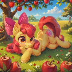 Size: 2048x2048 | Tagged: safe, ai assisted, ai content, artist:venisoncreampie, generator:pony diffusion v6 xl, generator:stable diffusion, apple bloom, earth pony, pony, g4, apple, apple tree, blushing, female, food, looking at you, lying down, prone, scenery, solo, sweat, sweet apple acres, tree