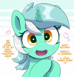 Size: 2862x2985 | Tagged: safe, artist:pabbley, lyra heartstrings, pony, unicorn, g4, anthrophilia, bronybait, cute, dialogue, drool, female, heart, heart eyes, hooves together, horn, implied anon, implied belly rubs, implied hoof holding, looking at you, lyrabetes, open mouth, open smile, smiling, smiling at you, solo, stuttering, text, that pony sure does love humans, wingding eyes