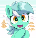 Size: 2862x2985 | Tagged: safe, artist:pabbley, lyra heartstrings, pony, unicorn, g4, bronybait, dialogue, drool, female, heart, heart eyes, hooves together, horn, implied anon, looking at you, open mouth, open smile, smiling, smiling at you, solo, stuttering, text, wingding eyes