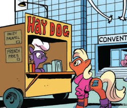 Size: 364x312 | Tagged: safe, artist:andy price, idw, official comic, earth pony, pony, g4, spoiler:comic, spoiler:comic64, cart, clothes, comic, female, hay dog, mare, unnamed character, unnamed pony