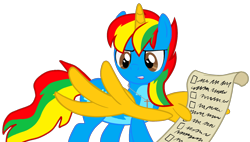 Size: 1982x1128 | Tagged: safe, artist:shieldwingarmorofgod, oc, oc only, oc:shield wing, alicorn, g4, alicorn oc, checklist, colored wings, horn, male, scroll, simple background, solo, transparent background, wing hands, wings
