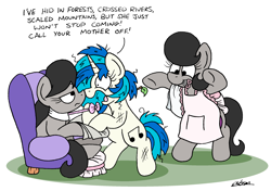 Size: 2500x1758 | Tagged: safe, artist:bobthedalek, dj pon-3, octavia melody, vinyl scratch, oc, oc:mixed melody, oc:octavia's mother, earth pony, pony, unicorn, g4, apron, atg 2024, chair, clothes, distressed, female, horn, mare, messy mane, newbie artist training grounds, newspaper, octavia is not amused, panic, panicking, safety pin, scruffy, simple background, this will end in intensive mothering, trio, trio female, twig, unamused, unstoppable, white background