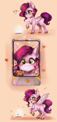 Size: 1394x2968 | Tagged: safe, artist:polnocnykot, pipp petals, pegasus, pony, g5, 3 panel comic, :3, adorable face, adorapipp, blushing, cellphone, chest fluff, comic, cute, ear fluff, exclamation point, eye clipping through hair, eyebrows, eyebrows visible through hair, eyelashes, feathered wings, female, filly, filly pipp petals, floating heart, foal, folded wings, frog (hoof), frown, glowing, happy, heart, high res, hnnng, hooves, jumping, looking at you, looking down, looking down at you, missing accessory, open mouth, open smile, origins, phone, photo, question mark, raised hoof, selfie, simple background, smartphone, smiling, solo, spread wings, starry eyes, underhoof, unshorn fetlocks, wall of tags, wavy mane, wingding eyes, wings, younger