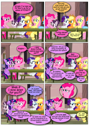 Size: 868x1230 | Tagged: safe, artist:dziadek1990, edit, edited screencap, screencap, applejack, fluttershy, pinkie pie, rainbow dash, rarity, twilight sparkle, g4, the cutie map, bloodshot eyes, comic, conversation, crying, dialogue, hyperactive, outdoors, pinkie being pinkie, screencap comic, snot, table, text, yelling