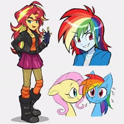 Size: 2048x2048 | Tagged: safe, artist:verafan4ever, fluttershy, rainbow dash, sunset shimmer, human, pegasus, pony, equestria girls, g4, boots, bust, clothes, eye clipping through hair, eyebrows, eyebrows visible through hair, female, fingerless gloves, fishnet clothing, fishnet stockings, floppy ears, full body, gloves, high res, jacket, leather, leather jacket, lesbian, looking at someone, looking at you, mare, ship:flutterdash, shipping, shoes, skirt, smiling, smiling at you, socks, stockings, sweat, thigh highs, trio, trio female