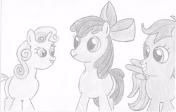 Size: 2565x1638 | Tagged: safe, artist:tesa-studio, apple bloom, scootaloo, sweetie belle, earth pony, pegasus, unicorn, g4, cutie mark crusaders, drawing, female, horn, old art, trio